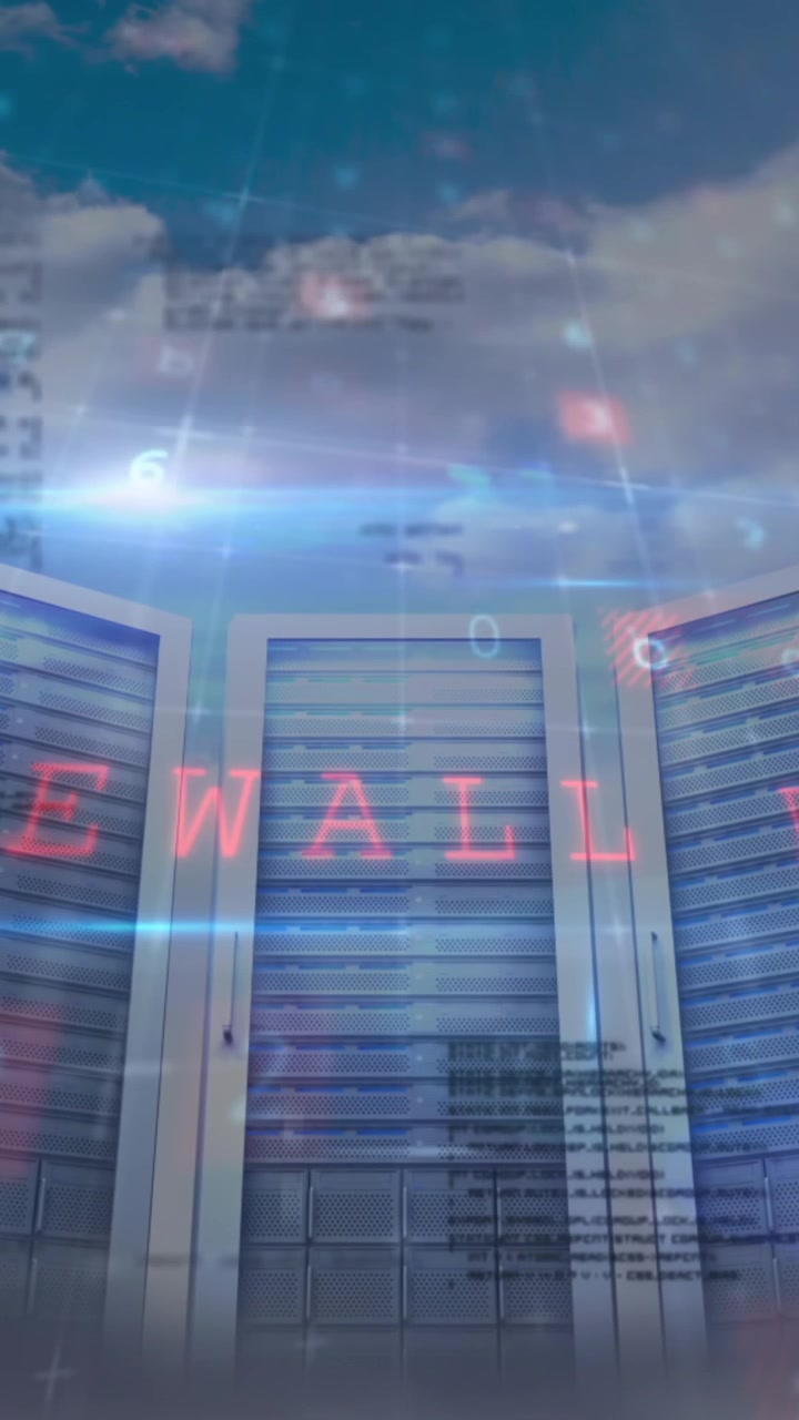 Animación de advertencia de ciberataque y procesamiento de datos en una sala de servidores.