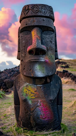 antiguas cabezas de piedra con auriculares en una isla arte generativo