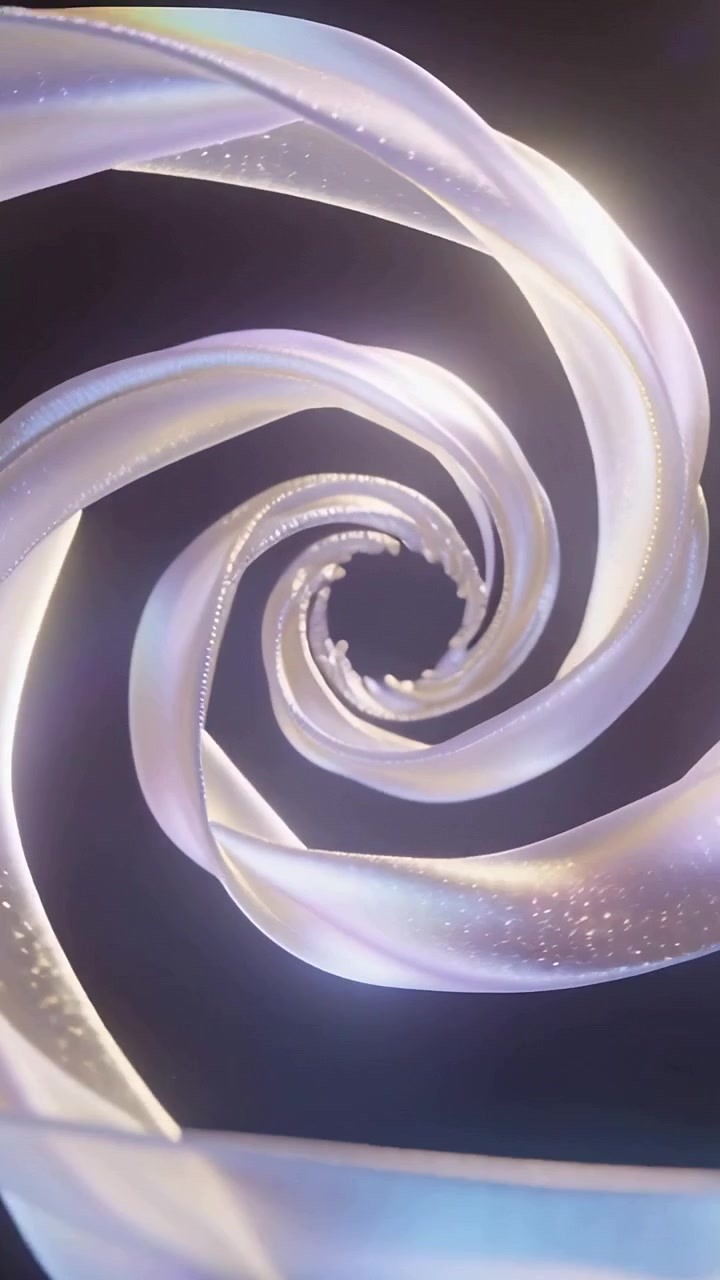 Vertical video: Looping pearl ribbons forming central vortex in dark void, creating hypnotic spiral