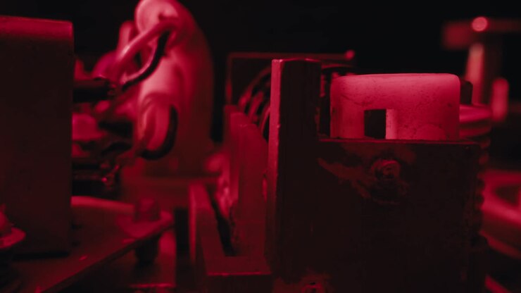Primo piano di macchinari elettrici vintage sotto luce rossa