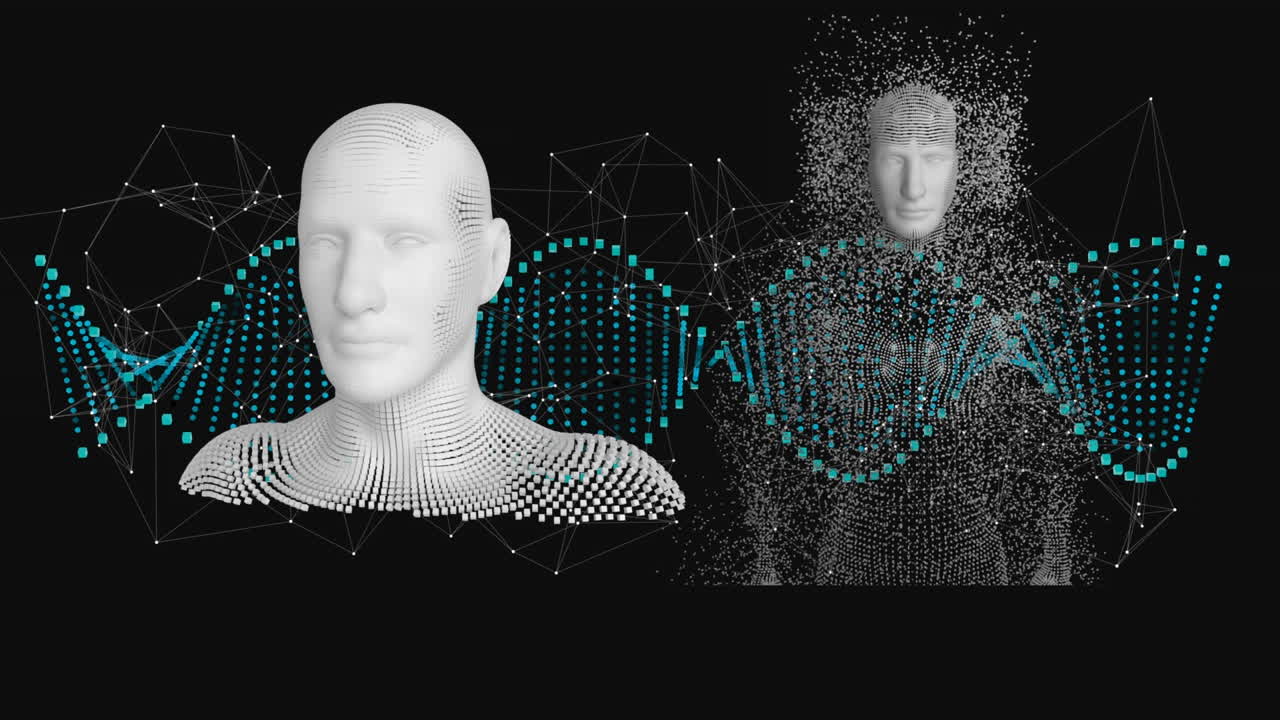 Animazione di filamento di DNA ed elaborazione dati con corpi umani formati da particelle esplosive