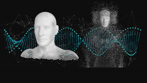 animación de cadenas de adn y procesamiento de datos con cuerpos humanos formados con partículas explosivas