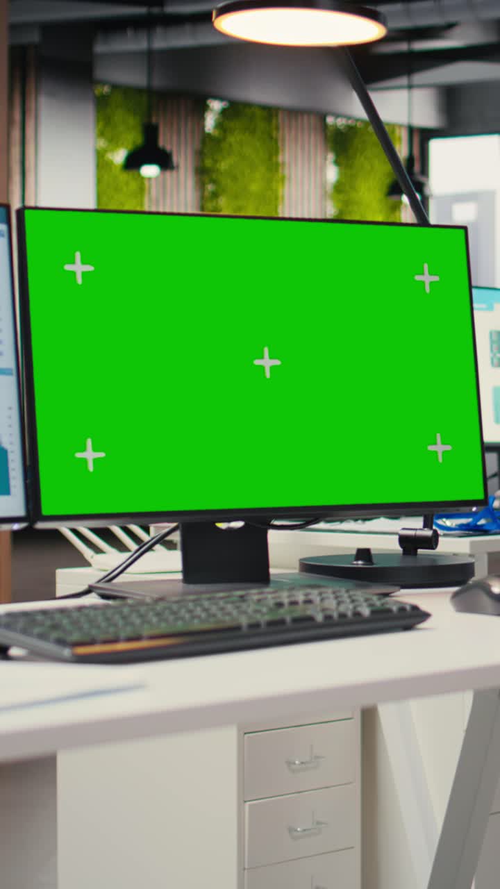 Vertical Video Contemporary office space with copy space dual monitors computer