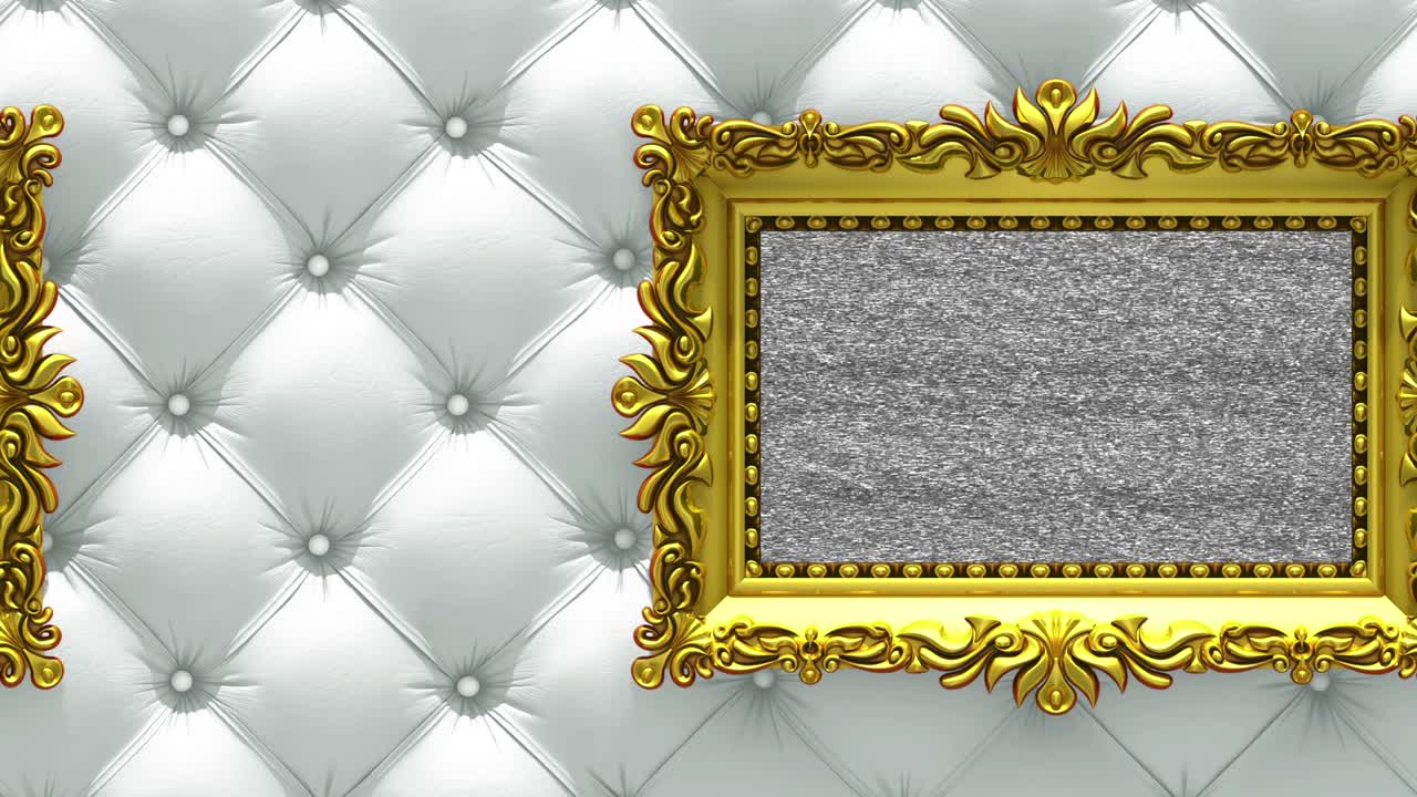 Camera moves along gold picture frames on luxury white upholstery background. Seamless looped 3d animation. Mockup with tv noise and green screen.