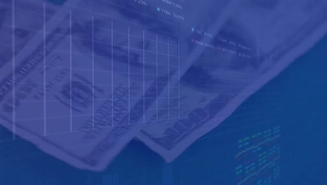 animación del procesamiento de datos financieros sobre billetes de dólares estadounidenses