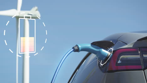 alejar, animación mejorada: un coche eléctrico genérico se carga desde un aerogenerador