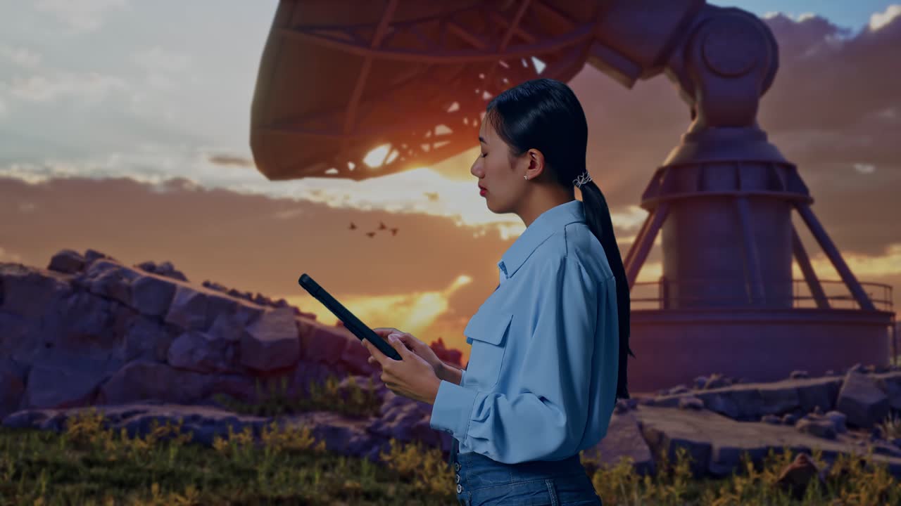 Side View Of An Asian Female Professional Worker With Large Satellite Dish, Observes By Looking Up Before She Come To Concentrating On The Tablet And Keep On Checking