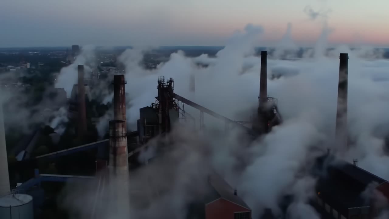 Aerial View of Industrial Complex Surrounded by Thick Emissions and Fog During Dusk, Capturing the Transformation of Urban Landscapes and Environmental Impact