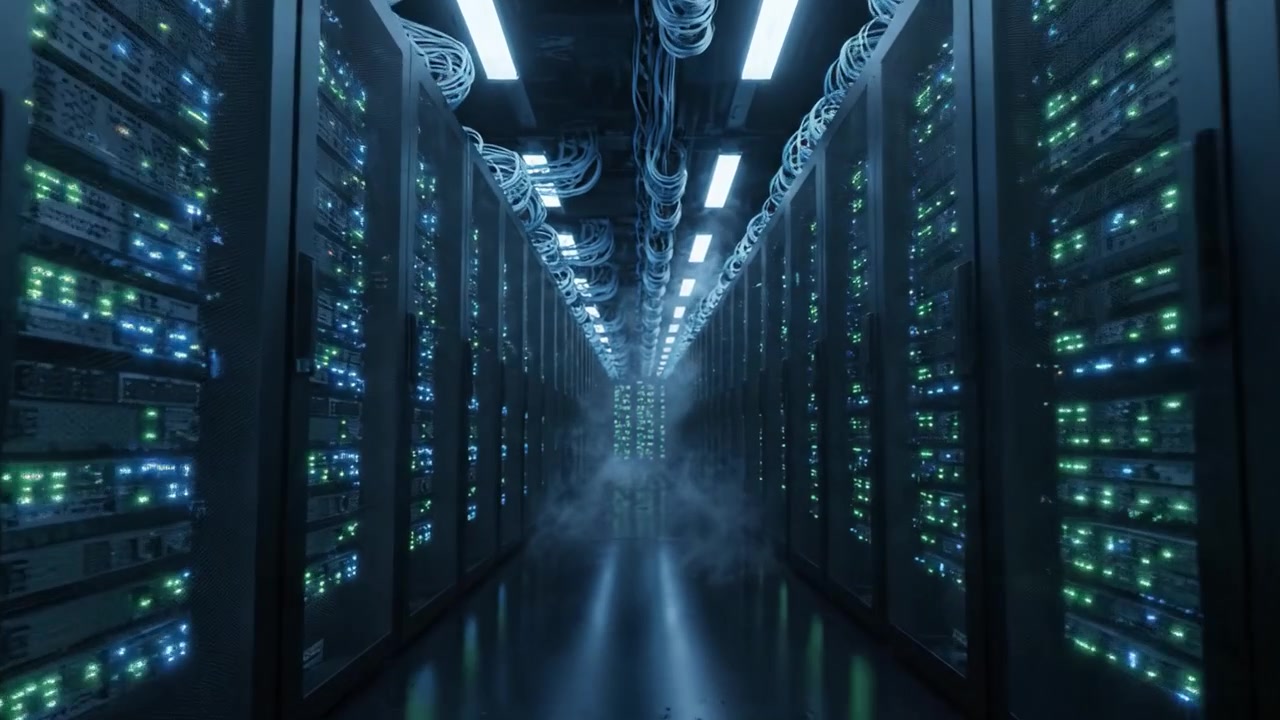 Exploring the Depths of Advanced Data Centers: A Journey Through Rows of Servers Illuminated by Gleaming LED Lights in a High-Tech Environment
