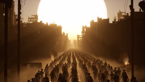 refugees-walking-out-from-a-destroyed-ruined-city-with-debris-and-smoke-all-around-and-a-huge-sunset-and-the-background,-3D-animation,-animated-scene,-camera-dolly-up