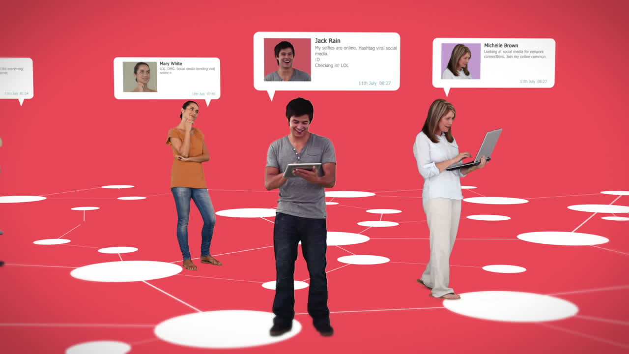 프로필 정보와 함께 연결 라인에 서 있는 캐주얼 사람들