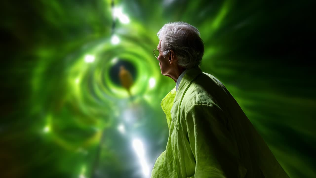 A Mysterious Journey Through the Ethereal Green Tunnel: An Elderly Figure Stares with Wonder at the Radiating Light, Engulfed in Intriguing Patterns of Brightness and Color That Elicit a Sense of Discovery