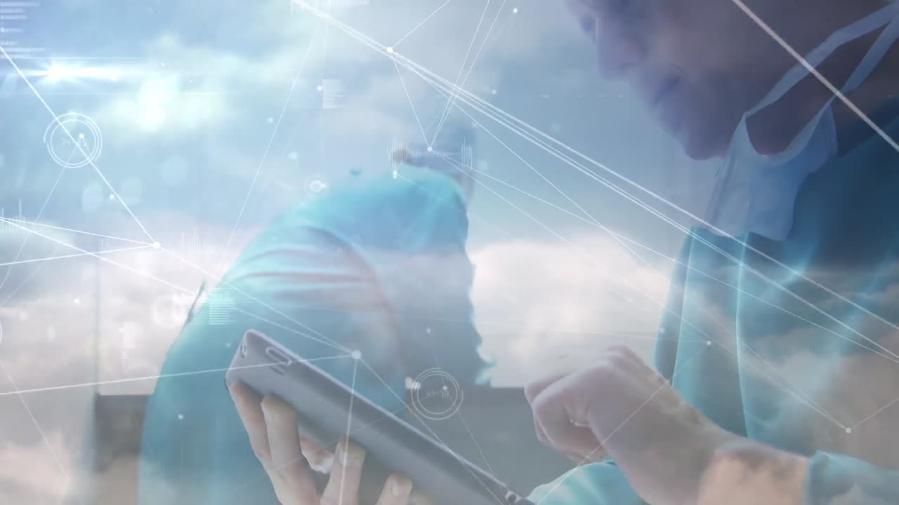 태블릿을 사용하는 백인 남성 의사에 대한 연결 네트워크의 애니메이션