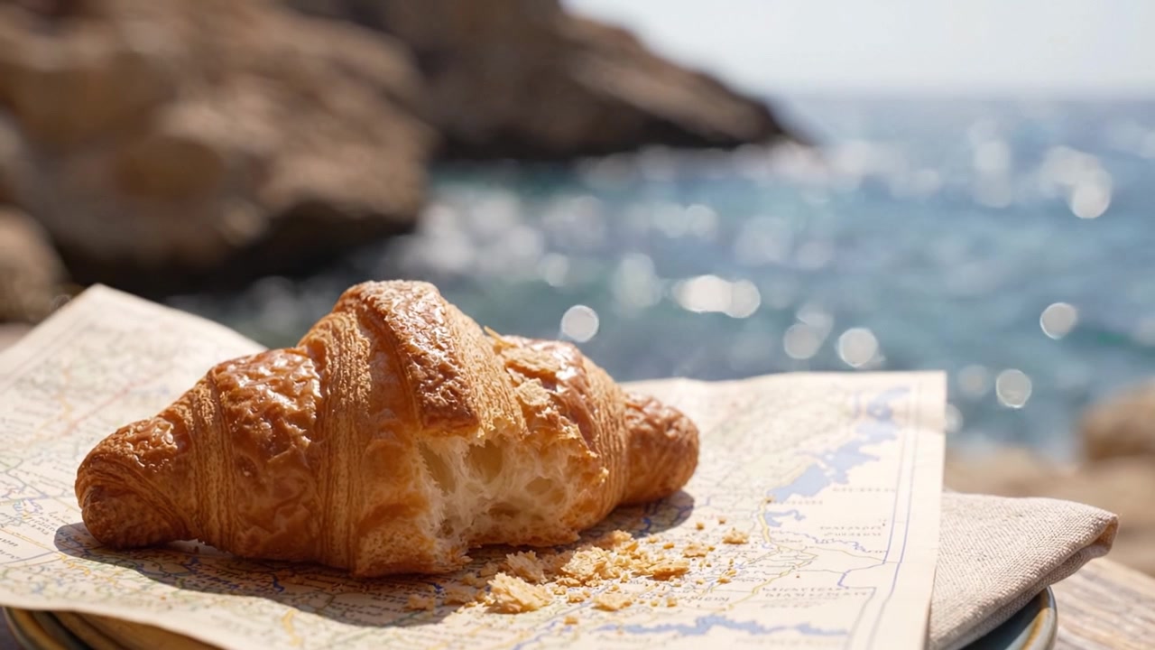 A Beautiful Croissant Resting on a Map with Sparkling Ocean Waves and Sunlight in the Background, Evoking a Sense of Relaxation and Culinary Delight