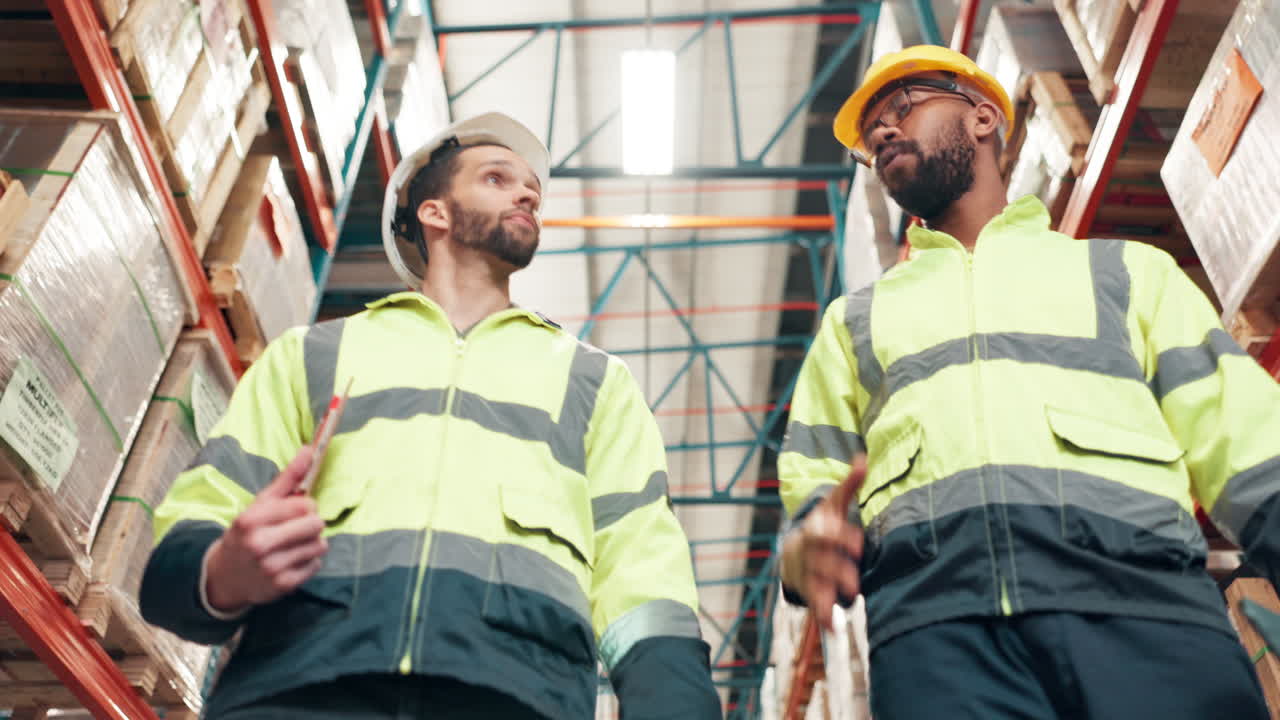 Warehouse workers inspecting inventory