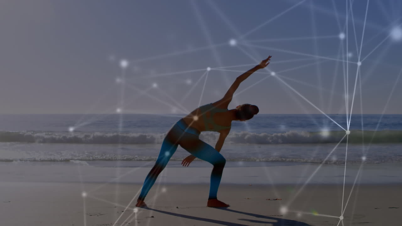 해변에서 운동하는 백인 여성에 대한 연결 네트워크의 애니메이션