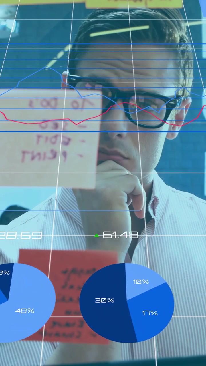 Vertical video: Analyst moving stickies on glass and reviewing overlaid charts for business review