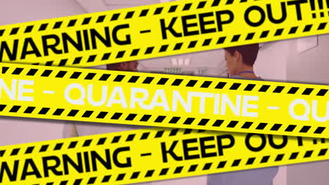 digital animation warns of covid-19 with healthcare workers and quarantine signs.