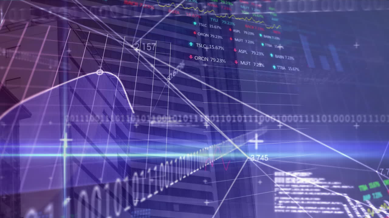 animazione delle statistiche, codifica binaria e elaborazione dei dati finanziari su griglia