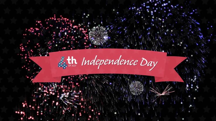 Independence Day text with fireworks against black background