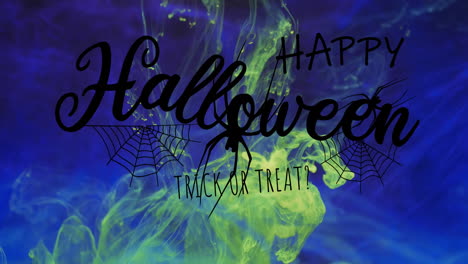 animation of happy halloween text and spider over green and blue background