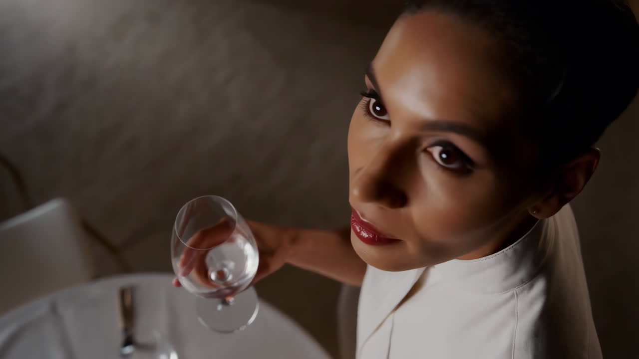 Donna che tiene in mano un bicchiere d'acqua in un ambiente da pranzo formale