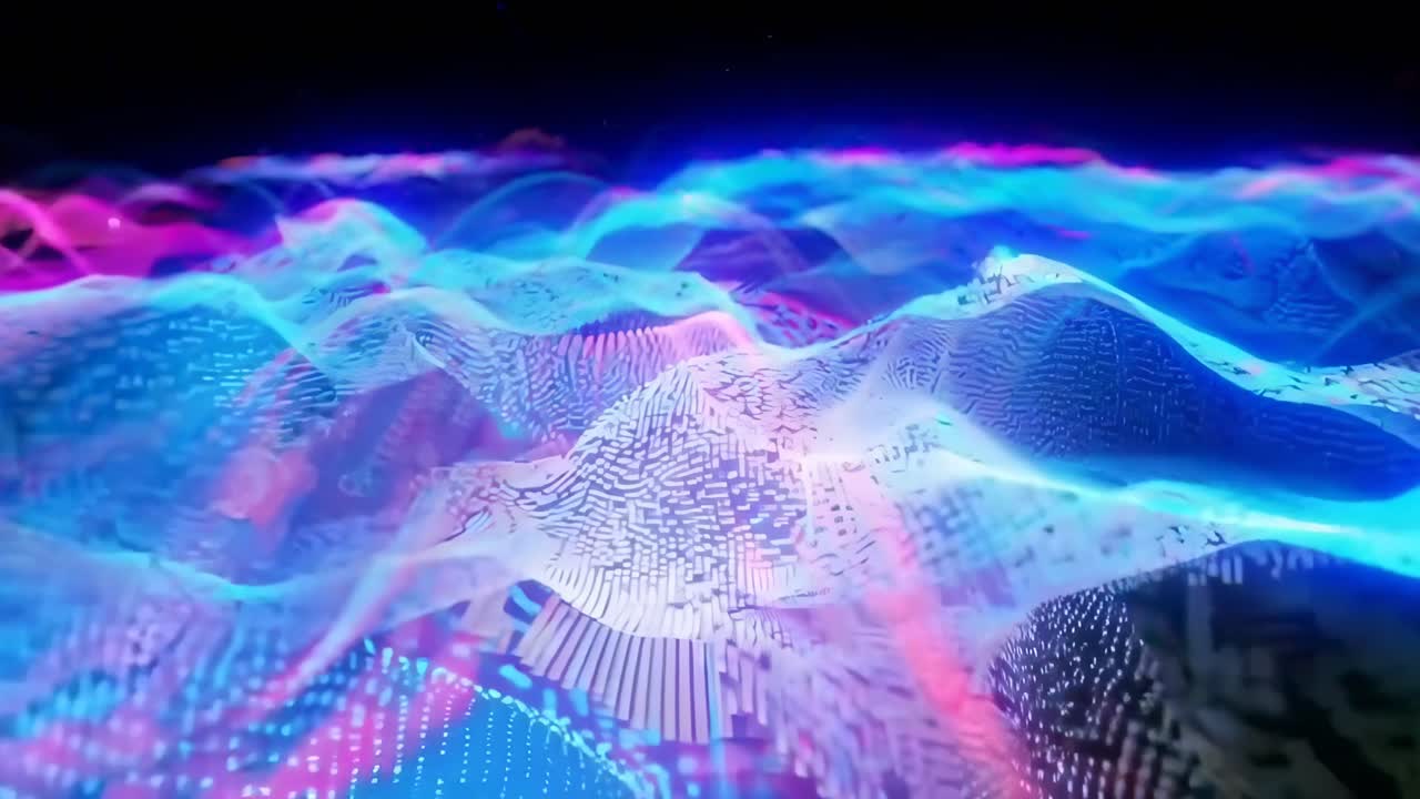 Abstract digital waves in vibrant colors, viewed from a low angle, perfect for video backgrounds