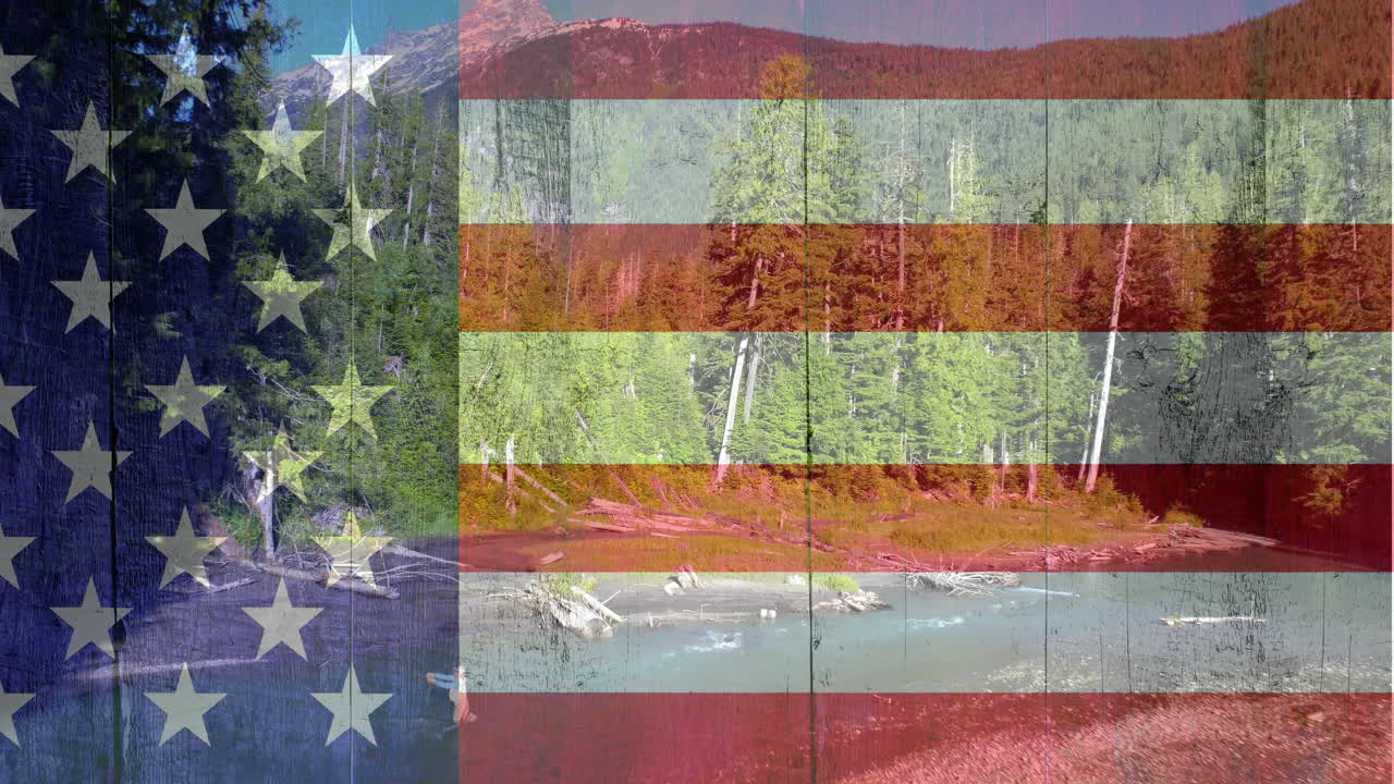 bosque con montañas contra la bandera estadounidense