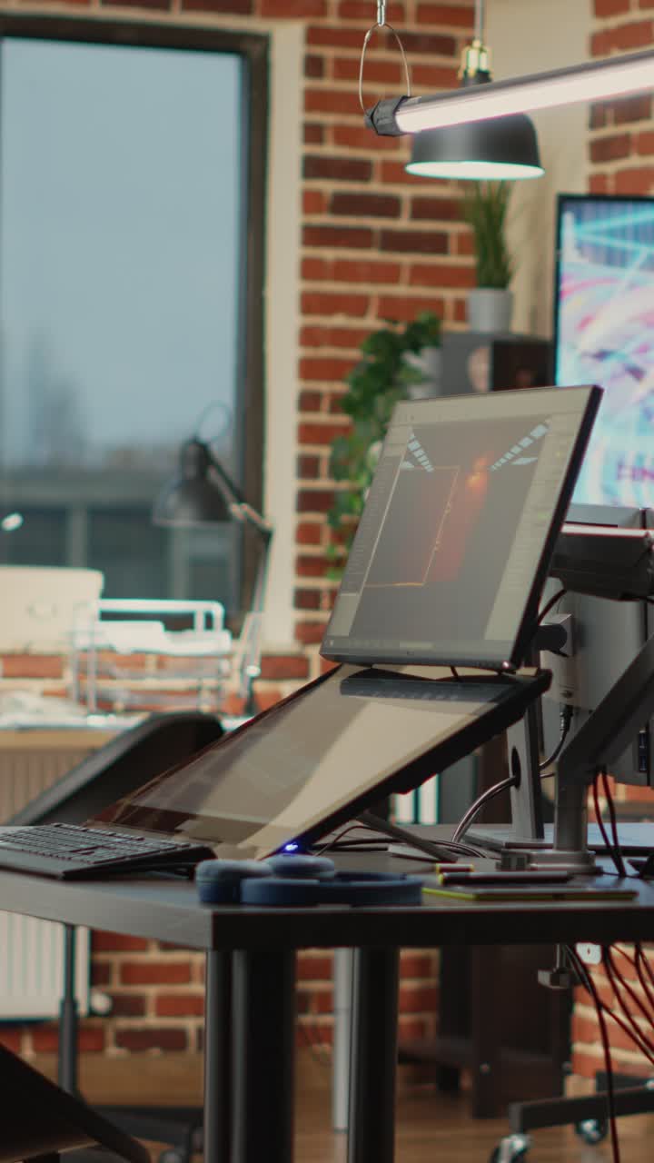 Vertical video: Creative agency modern office with multiple monitors to work on professional content