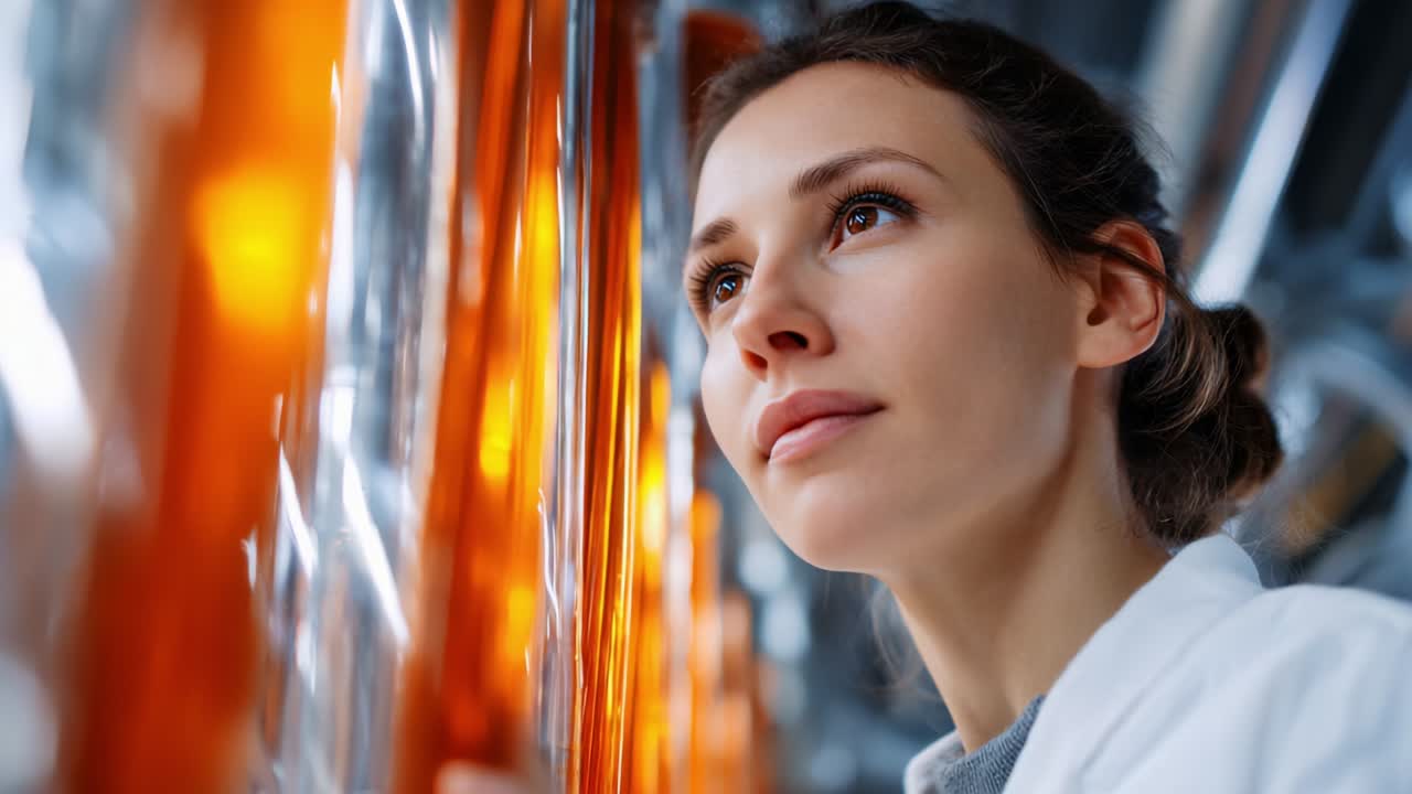 Focused Researcher Examining Innovative Equipment in a Laboratory Setting with Glass Apparatus and Orange Liquid, Highlighting Scientific Progress and Technological Advancements in Modern Science
