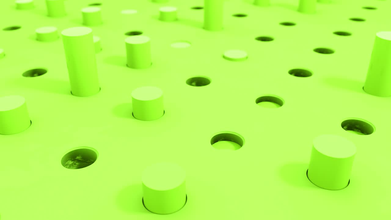 3d formas de cilindro volando agujeros de introducción en colores verdes pastel. 4k animación de renderización de bucle sin costuras.