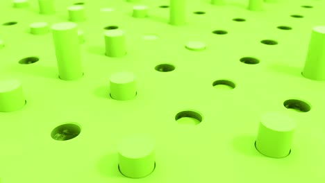 3d shapes cylinder flying intro holes in green pastel colors. 4k seamless loop render animation.