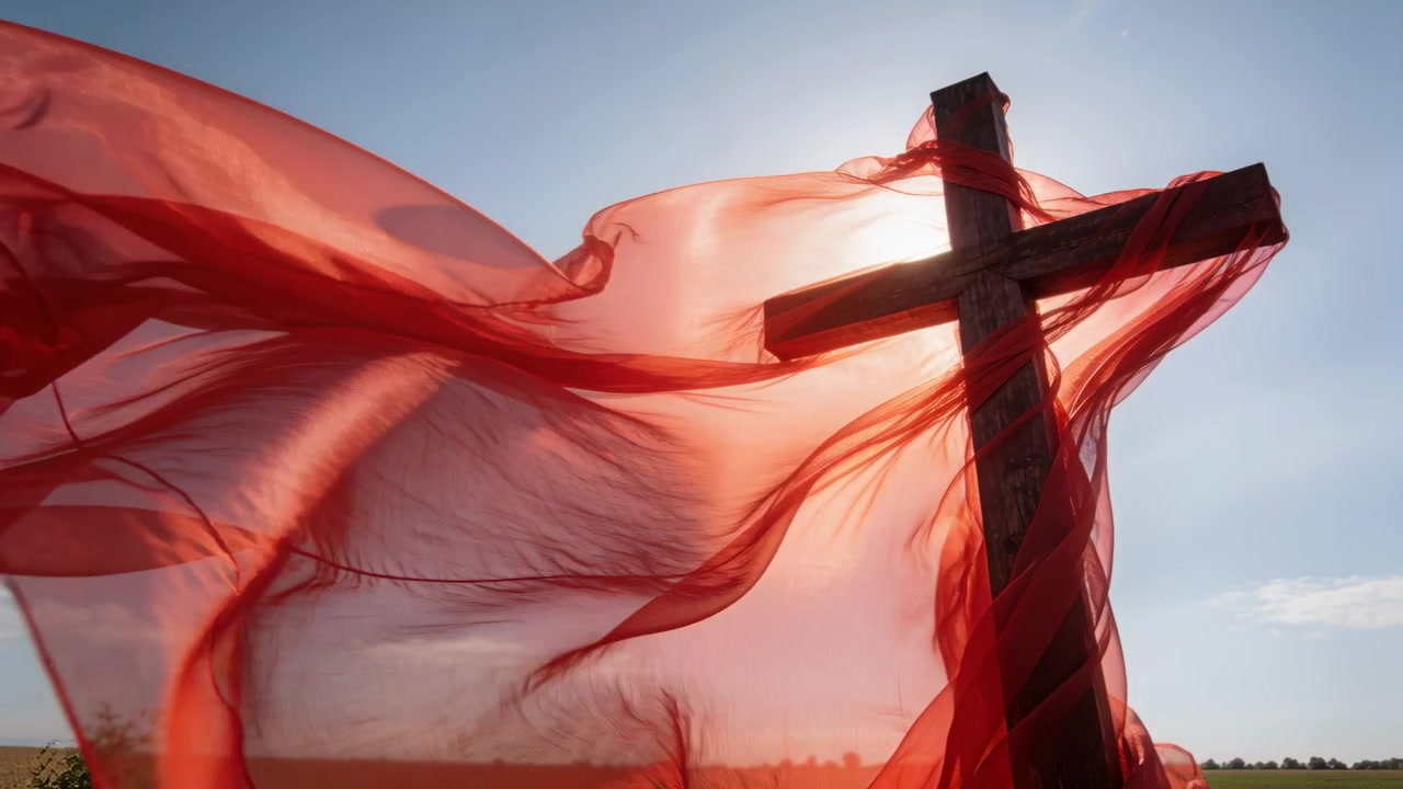 Tecido vermelho transparente esvoaçante envolvendo uma cruz de madeira em campo aberto, iluminado por trás pelo sol.