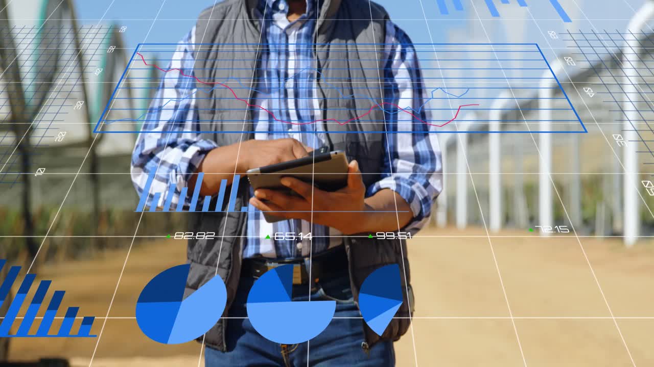 Animação de processamento de dados e estatísticas sobre engenheiro birracial usando tablet