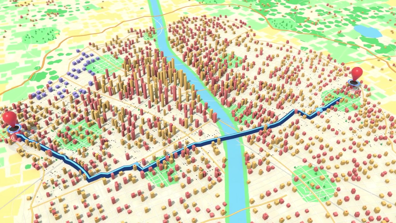Red pins appearing 3D city model tracing blue route across grid, crossing river into downtown core