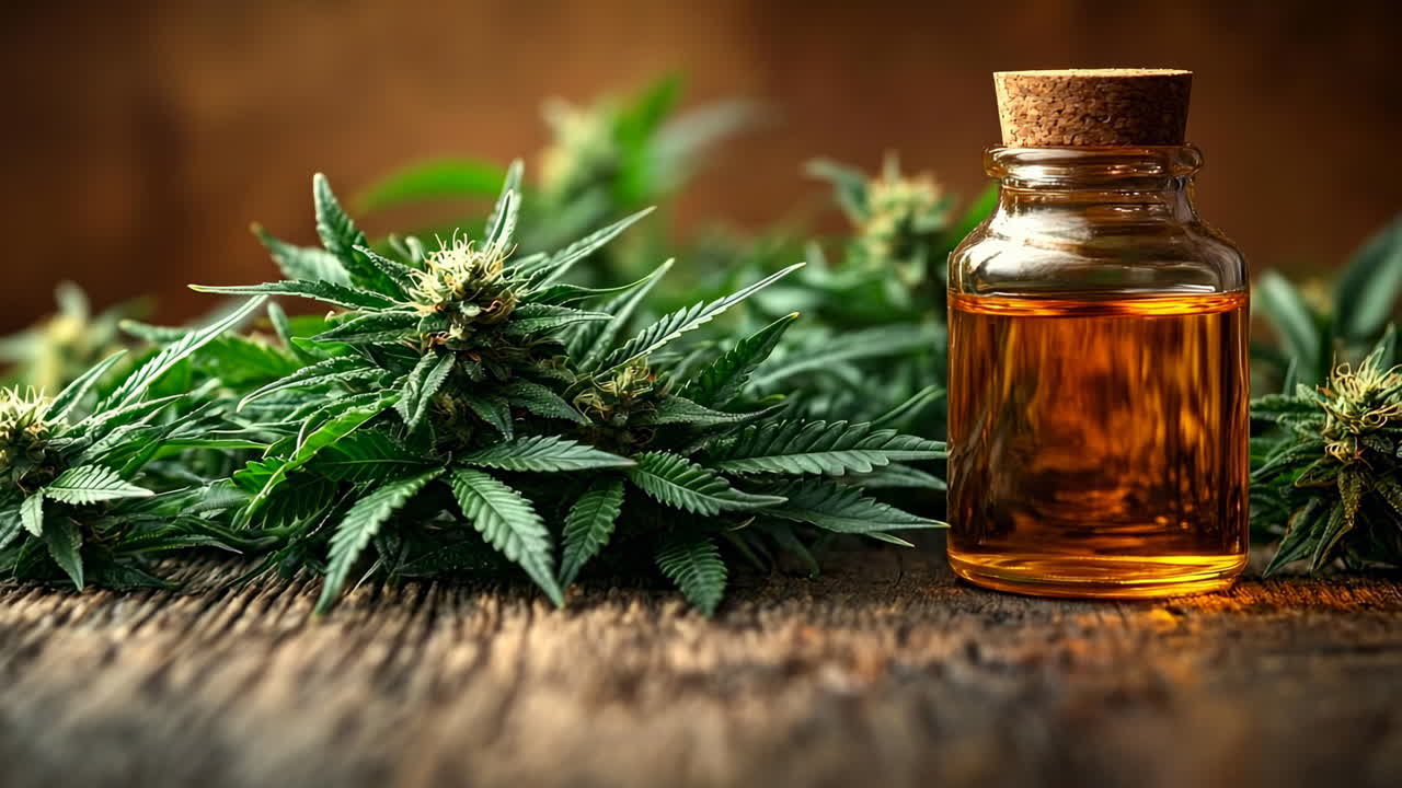 Ahşap masa üzerinde cannabis bitkisi ve yağı. Yeşil yapraklı ve tomurcuklu cannabis bitkileri, rustik bir ahşap yüzeyde bir yağ şişesinin yanına yerleştirilmiştir