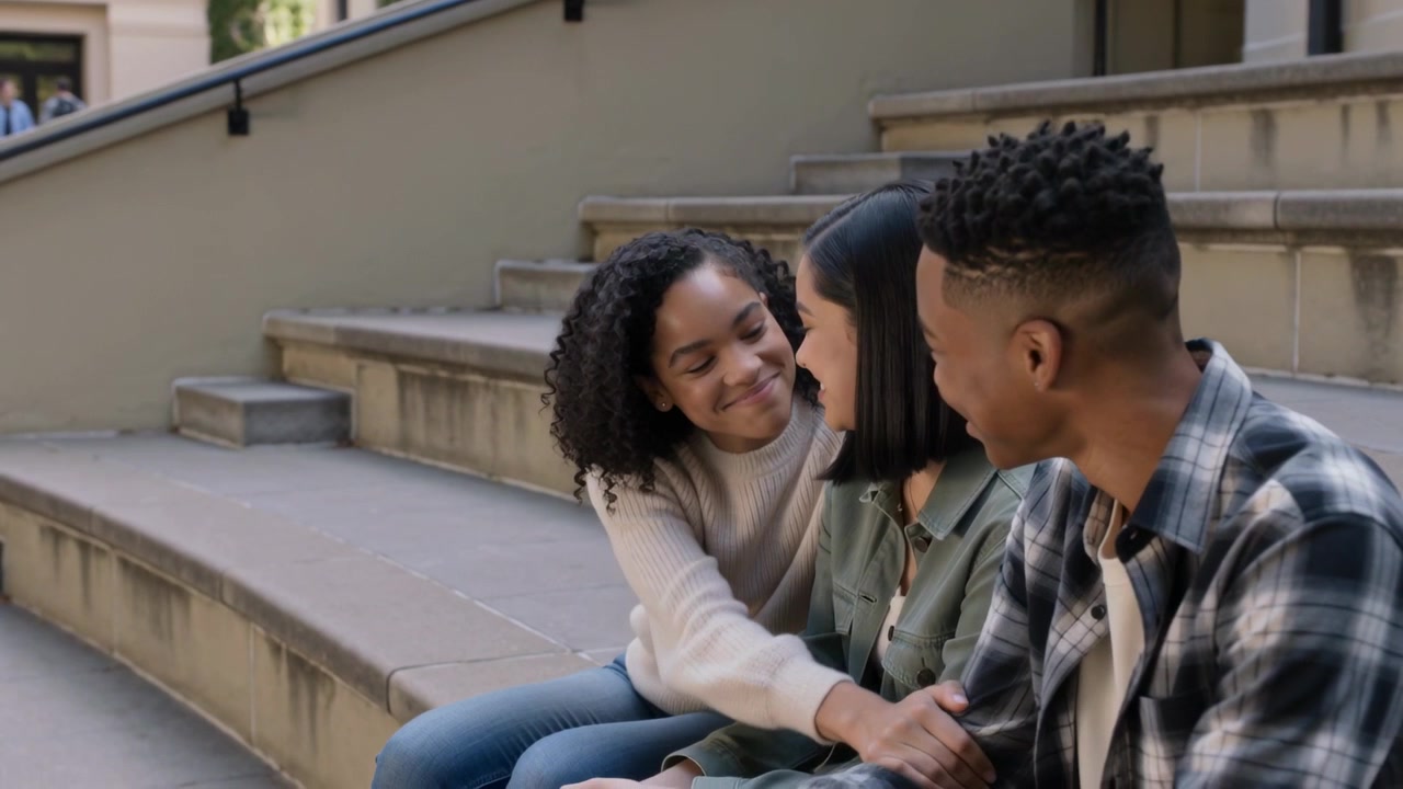 Turning left woman touching center arm on stone steps, left in sweater right watching as friends