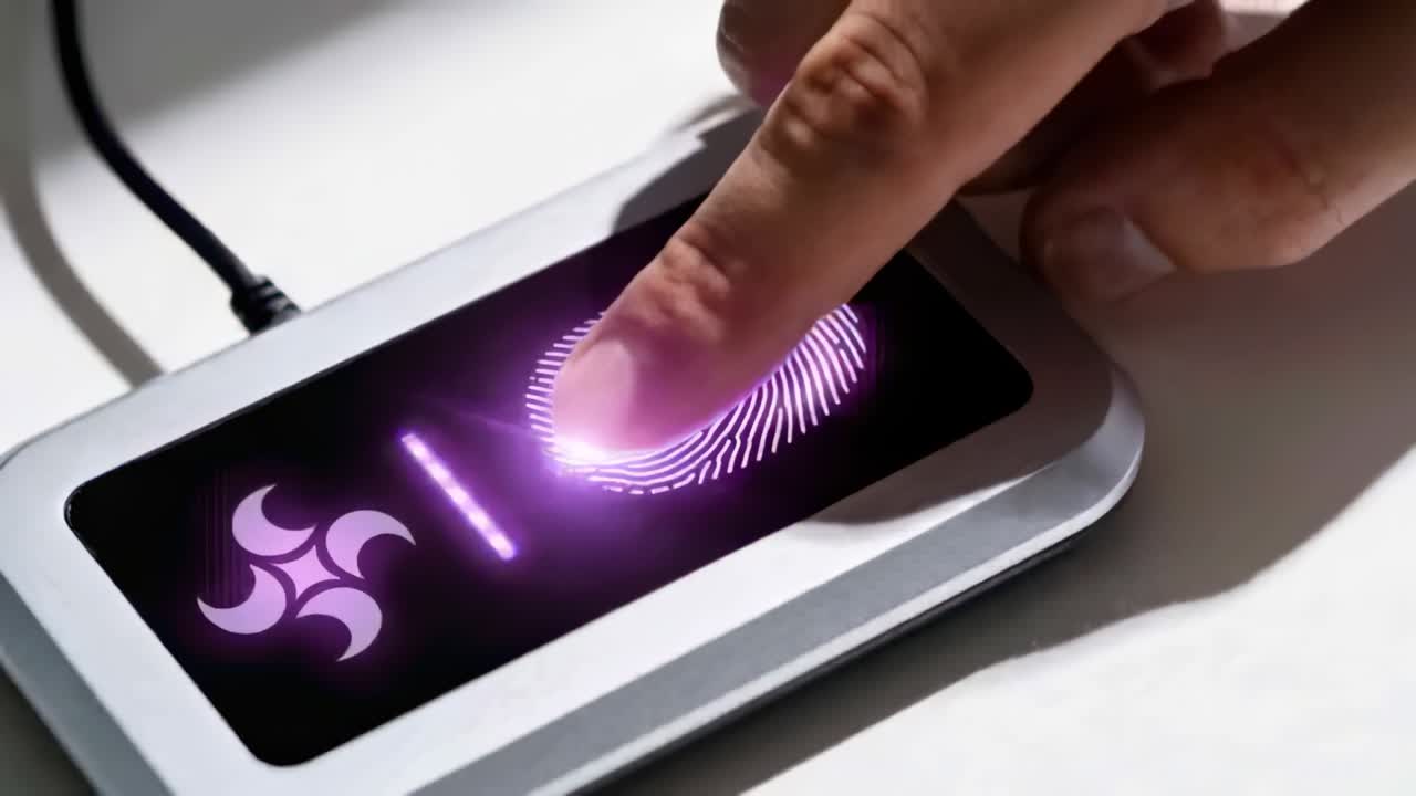 Pressing fingertip after prompt on scanner at demo table as device showing purple print and code