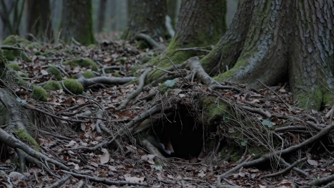 A fox emerges from its den in a forest, captured at ground level