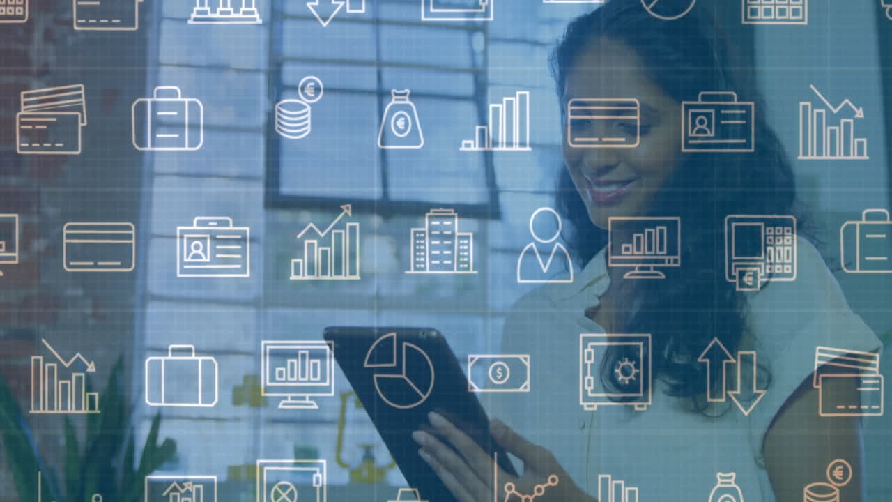 Using tablet with financial data animation, businesswoman in office environment