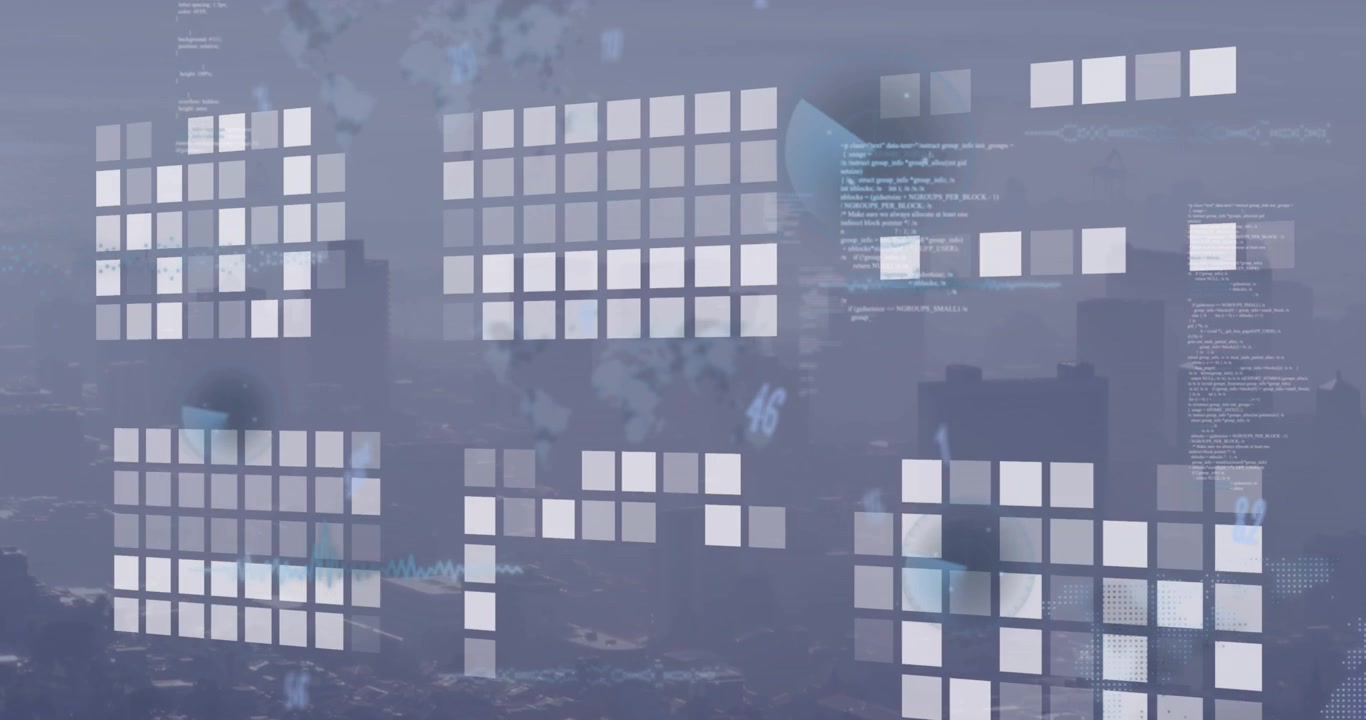 Animation of moving columns and data processing over cityscape