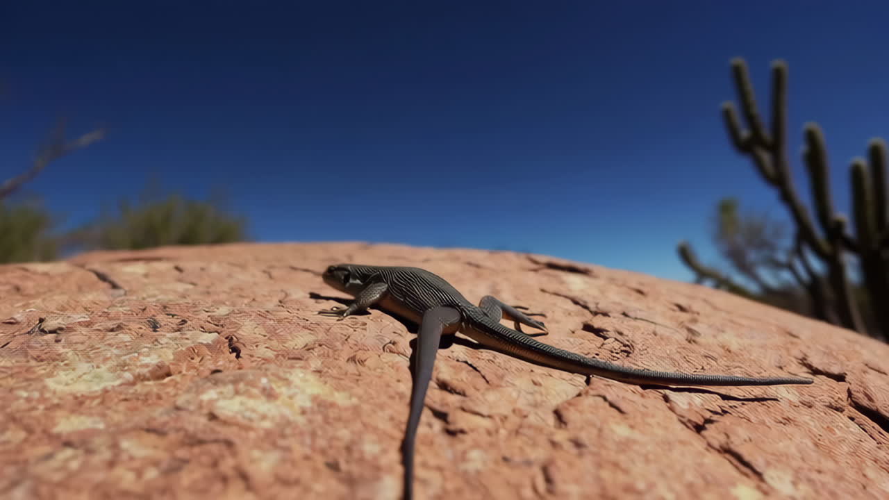 Lizard on a Red Rock in a Sunny Desert Landscape