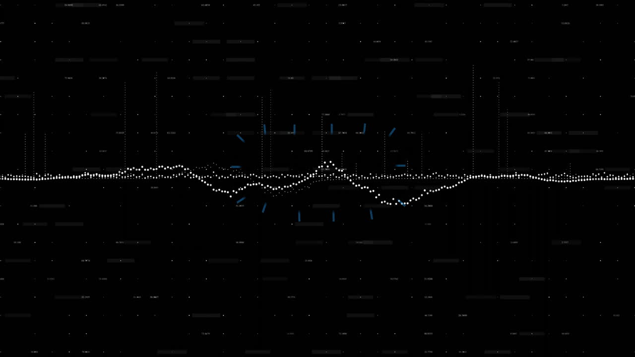 Digital sound wave animation with white dots and blue accents on black background