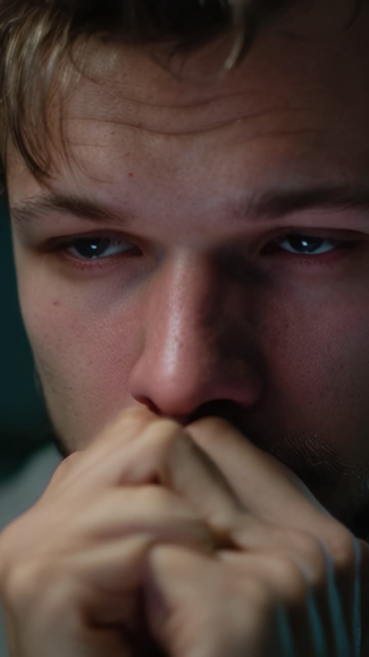 Reflexión emocional: Un primer plano de contemplación y ansiedad en la expresión de un joven, capturado en un momento de profunda reflexión y vulnerabilidad.