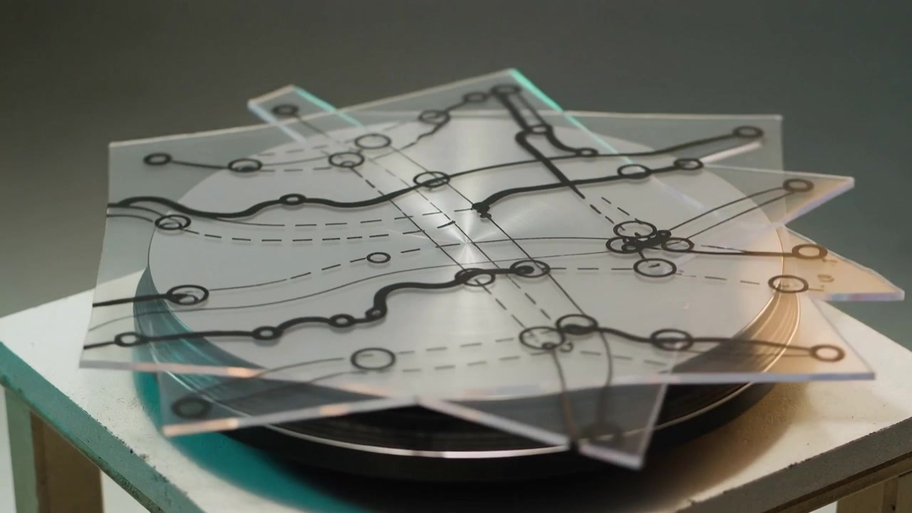 Turning platter rotating clear star panels on studio table to make moire patterns with teal lights