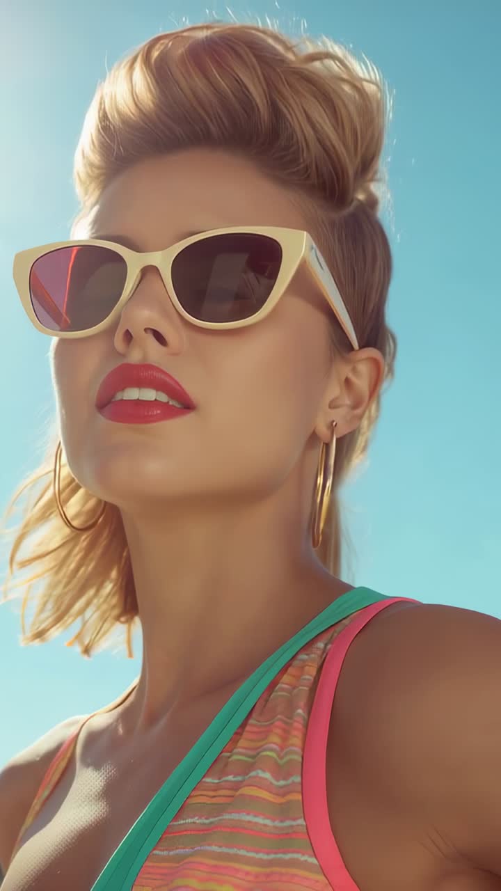 Vertical video: Rotating head in sun, woman wearing cat-eye sunglasses, gold hoops and striped top