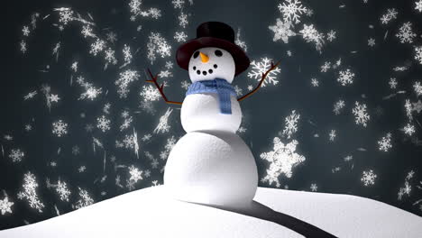 animation of snowman over snow falling on blue background