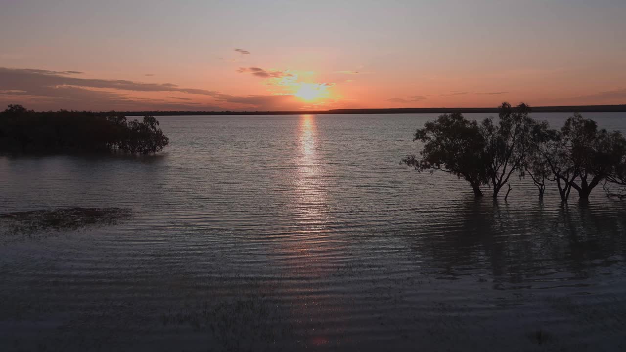 Drone shot, Sunset on a lake with mangroves in the water