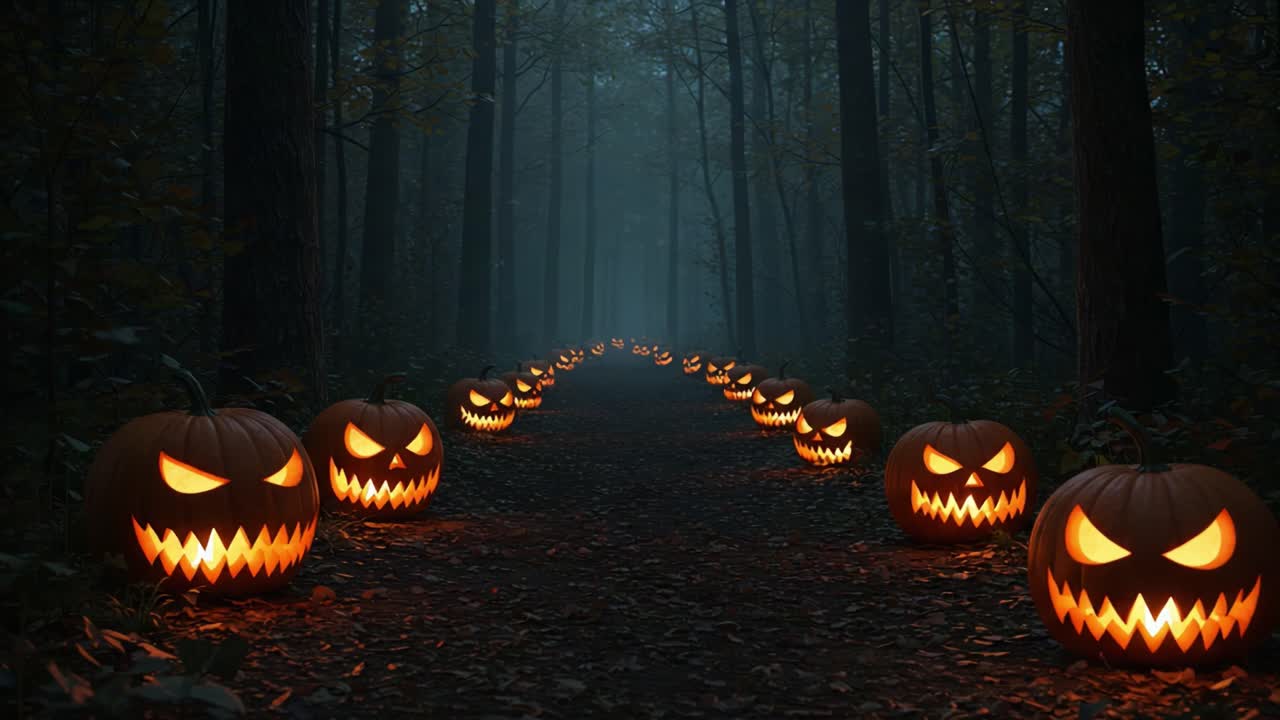 A Spooky Pathway Lit by Grinning Jack-o'-Lanterns in an Enchanted Forest, Perfectly Capturing the Essence of Halloween Night and Chilling Eerie Atmosphere