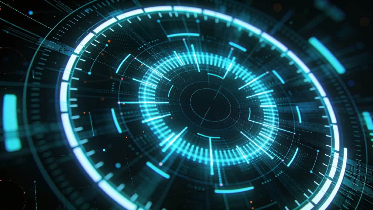 Vertikal video: Spinnende cyan holo-ring pulssekvens starter i 3D, indre streker og oransje prikker.